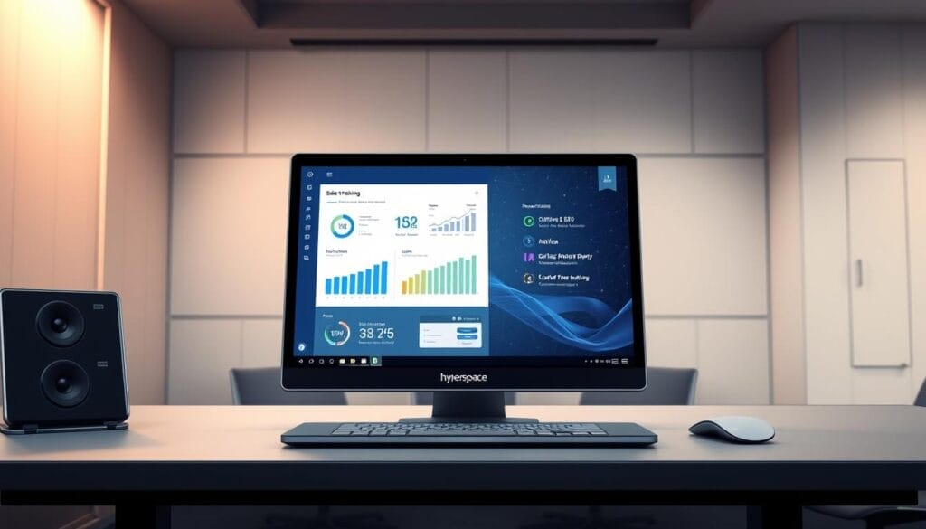 A sleek, modern desktop display showcasing an AI-powered sales training platform. In the foreground, a stylized presentation screen displays key metrics and insights, bathed in a soft, ambient light. The middle ground features a laptop with the "Hyperspace" logo, open to a sales training module. In the background, a minimalist office setting with clean lines and muted tones, creating a professional, technology-driven atmosphere. The overall scene conveys the seamless integration of AI-driven sales training, empowering sales teams to optimize performance.