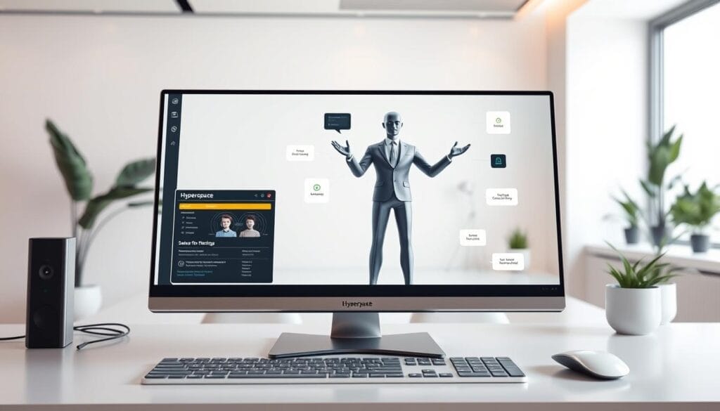 A sleek, modern desktop display showcasing an immersive AI sales training platform. In the foreground, a sophisticated user interface with intuitive controls and a bold "Hyperspace" branding. The middle ground features a 3D model of a virtual sales agent, demonstrating engaging sales techniques with fluid animations. In the background, a minimalist workspace with clean lines, soft lighting, and a subtle sense of depth, creating a professional, future-forward atmosphere. The overall scene conveys the power and innovation of AI-driven sales training for beginners, inspiring confidence and a thirst for knowledge.