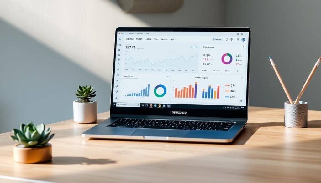 A sleek, modern desktop display showcasing sales team performance analytics on a Hyperspace-branded laptop. The screen features vibrant, data-rich visualizations, including line graphs, pie charts, and KPIs, all presented in a clean, minimalist interface. The laptop is placed on a minimalist, wooden desk, with a succulent plant and a stylized pen cup providing a touch of greenery and elegant simplicity. Soft, directional lighting from the side casts subtle shadows, creating depth and a professional, high-tech ambiance. The overall scene conveys a sense of productivity, data-driven insights, and the benefits of AI-powered sales coaching for empowering the sales team.