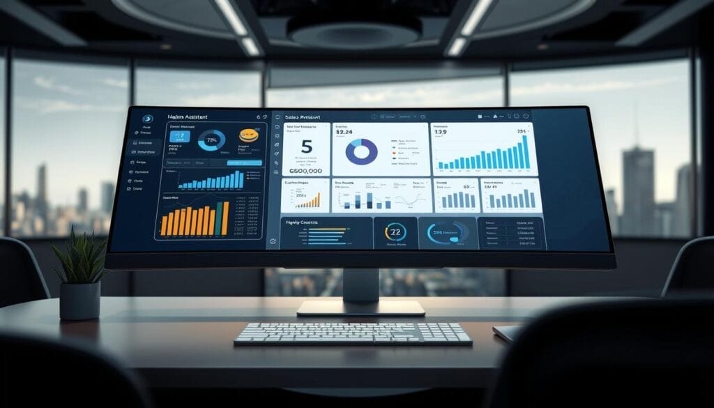 A sleek, modern desktop display showcasing the "Hyperspace" AI sales assistant. In the foreground, a sophisticated user interface with intuitive data visualizations, sales forecasting tools, and customer insights. In the middle ground, a sales representative reviews the dashboard, their expression focused and determined. The background features a stylized cityscape, hinting at the broader business landscape. Elegant lighting and a subtle depth of field create a professional, forward-thinking atmosphere. The overall impression conveys the power of AI-driven sales optimization and the competitive edge it provides Hyperspace users.