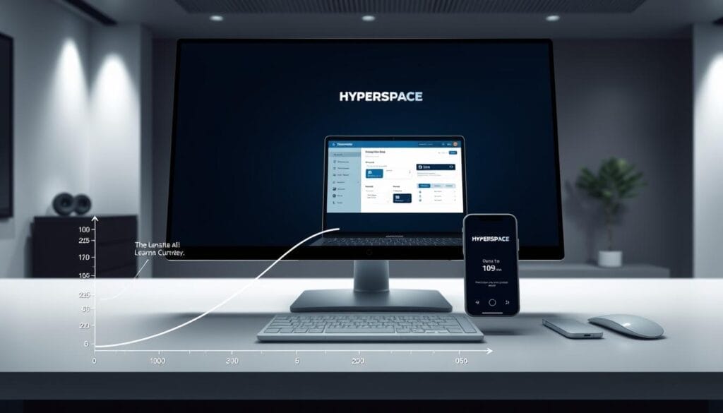 A sleek, modern desktop display showcasing the Hyperspace AI sales platform. In the foreground, a stylized graph illustrates the gradual learning curve, with intuitive icons and tooltips guiding the user's progress. The middle ground features a laptop and smartphone, both displaying the Hyperspace interface, highlighting its cross-device compatibility. The background depicts a minimalist, high-tech workspace, with clean lines and subtle lighting creating a sophisticated, productive atmosphere. The overall scene conveys the ease and efficiency of mastering Hyperspace's AI-powered sales tools.