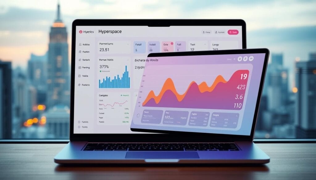 A sleek, modern desktop display showcasing the "Hyperspace" pharmaceutical industry analytics dashboard. The foreground features a stylish laptop or mobile device, its screen displaying a vibrant graph charting key industry metrics. The middle ground showcases a clean, minimalist user interface with intuitive data visualizations. In the background, a softly blurred cityscape evokes the bustling, high-tech landscape of the pharmaceutical industry. Subtle lighting casts a warm, professional glow, and the overall tone conveys a sense of innovation, efficiency, and data-driven insights that could help pharmaceutical sales AI training programs better understand and address their challenges.