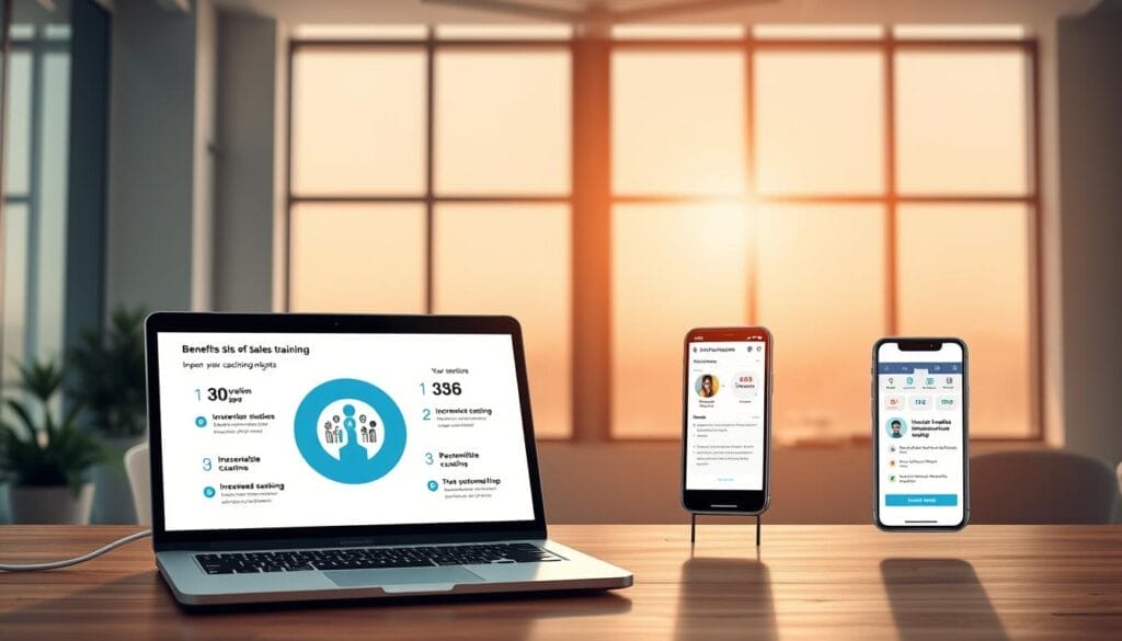 A sleek, modern desktop display showcasing the benefits of sales training. In the foreground, a stylized infographic on a Hyperspace-branded laptop screen highlights key advantages like improved conversion rates, increased revenue, and enhanced customer satisfaction. The middle ground features a Hyperspace mobile app dashboard, demonstrating real-time performance tracking and personalized coaching insights. In the background, a clean, minimalist office setting with large windows lets in warm, natural lighting, creating a professional, aspirational atmosphere. The overall scene conveys the efficiency and effectiveness of automated sales coaching powered by Hyperspace.