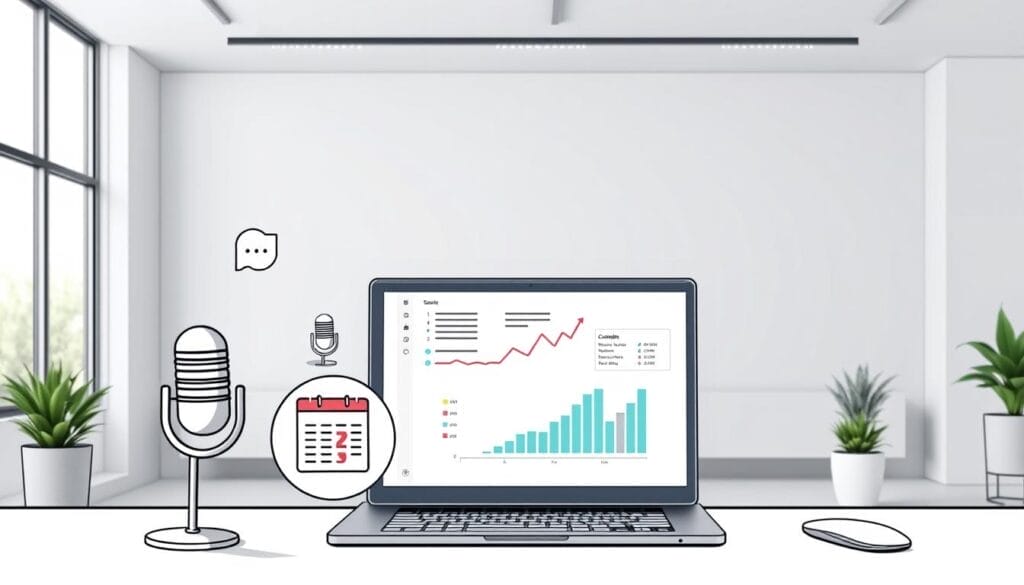 A sleek, modern desktop display showcasing the key benefits of Hyperspace, a comprehensive sales coaching software suite. In the foreground, a stylized illustration depicts intuitive coaching tools - a microphone for feedback, a calendar for scheduling, and a graph for performance tracking. The middle ground features a laptop screen displaying real-time coaching insights, while the background showcases a minimalist office setting with a large window providing natural lighting. The overall mood is one of efficiency, productivity, and the transformative power of data-driven sales coaching.