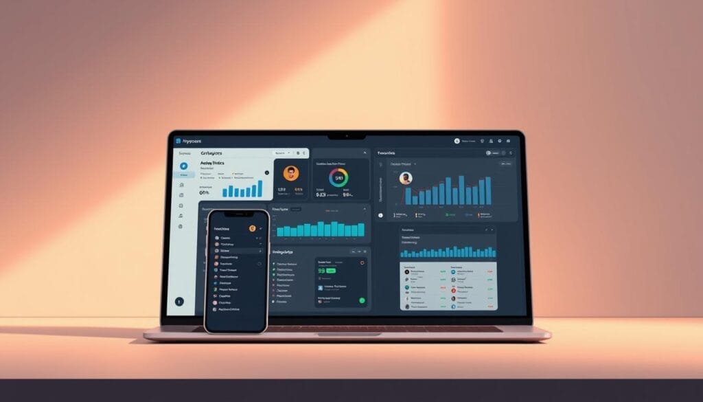 A sleek, modern desktop interface showcasing the core features of a "Hyperspace" conversation intelligence platform. In the foreground, a laptop screen displays intuitive analytics dashboards, highlighting real-time call metrics, sentiment analysis, and intelligent recommendations. In the middle ground, a mobile device presents transcripts and AI-powered insights, seamlessly integrating the desktop and mobile experience. The background features a sophisticated, minimalist design with clean lines and a muted color palette, conveying a sense of sophistication and technological prowess. Soft, directional lighting casts a warm glow, creating a professional and inviting atmosphere.