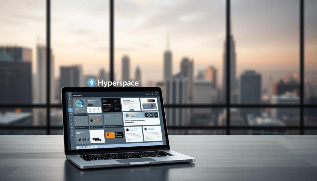 A sleek, modern desktop interface showcasing the key features of Hyperspace, an AI-powered sales training software. In the foreground, a laptop displays the Hyperspace logo against a minimalist gray backdrop, its screen filled with dynamic visualizations and data analytics. In the middle ground, a smartphone presents interactive sales role-playing scenarios, while the background features a blurred cityscape, conveying a sense of productivity and innovation. Subtle lighting casts a warm, professional glow, and the overall composition suggests a seamless, intuitive user experience tailored for small sales teams.