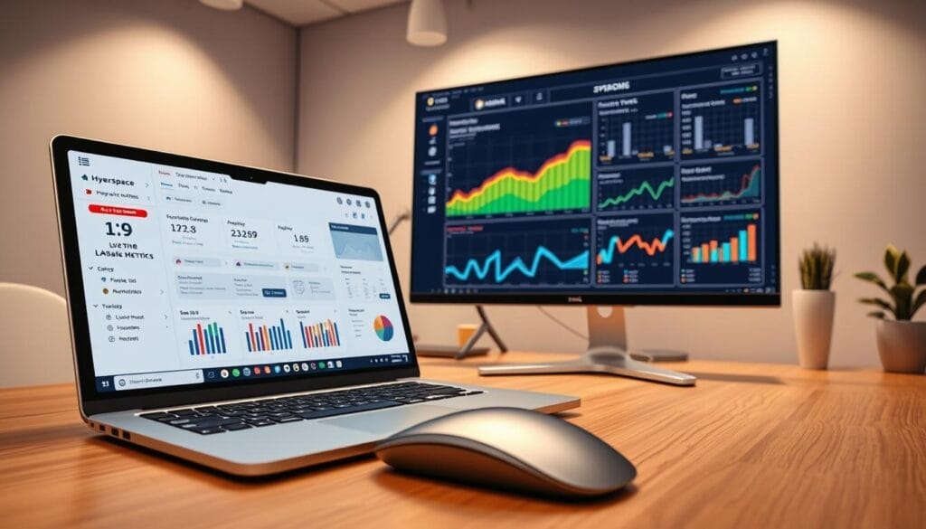 A sleek, modern desktop interface showcasing the real-time sales coaching software "Hyperspace". In the foreground, a laptop screen displays a dashboard with live sales metrics, activity logs, and personalized coaching tips for a sales representative. The middle ground features a tactile, brushed-metal mouse and keyboard setup, creating a professional, high-tech atmosphere. In the background, a large, high-resolution monitor presents a detailed analysis of the sales team's performance, with colorful charts and graphs. Soft, directional lighting from above casts a warm, productive glow over the entire scene, conveying a sense of efficiency and empowerment for the sales team.