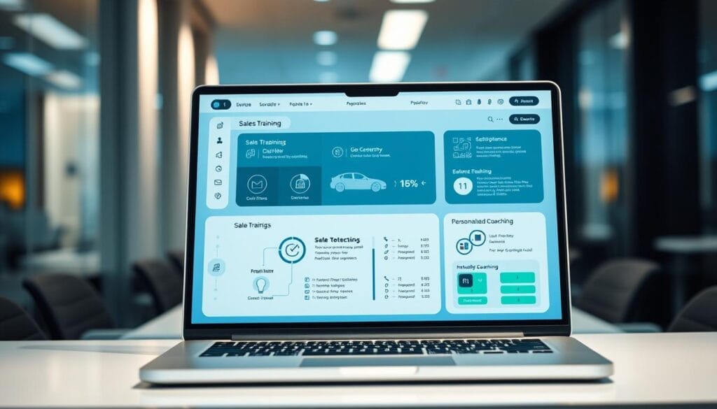 A sleek, modern desktop or laptop computer screen displaying a sales training interface powered by Hyperspace AI. The interface features a clean, minimalist design with intuitive controls, data visualizations, and personalized coaching tools. The background is a blurred, professional office setting, conveying a sense of productivity and focus. Soft, directional lighting illuminates the screen, creating depth and highlighting the software's sophisticated capabilities. The overall mood is one of efficient, technology-driven sales training that seamlessly integrates with the user's workflow.