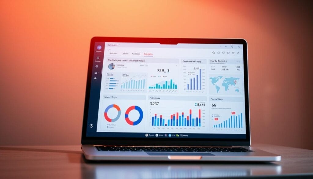 A sleek, modern desktop or laptop computer screen displaying a visually stunning data visualization dashboard. The dashboard showcases key sales metrics, trends, and insights powered by Hyperspace's cutting-edge sales conversation AI. The interface is clean, intuitive, and packed with interactive charts, graphs, and KPIs that provide a comprehensive view of the AI's impact on sales performance. The display is bathed in a warm, diffused lighting, creating a professional, high-tech atmosphere. The screen is angled slightly, drawing the viewer's eye towards the impactful data visualizations. The overall scene conveys a sense of innovation, productivity, and the transformative power of AI-driven sales optimization.