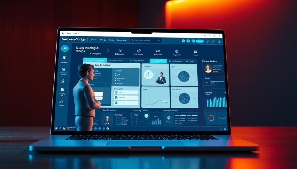 A sleek, modern desktop or laptop computer screen displaying an immersive sales training simulation powered by Hyperspace AI. In the foreground, a stylized 3D model of a sales representative interacts with a realistic virtual customer, both rendered with high detail. The background showcases a sophisticated user interface with intuitive controls, performance metrics, and customization options. The scene is illuminated by warm, directional lighting that creates depth and highlights the advanced technology. The overall atmosphere conveys a sense of innovation, productivity, and the transformative potential of AI-driven sales training.