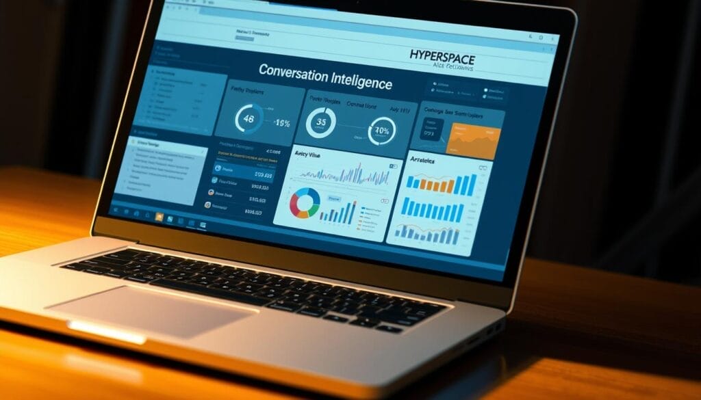 A sleek, modern desktop or laptop computer screen displays a sophisticated software interface labeled "Hyperspace Conversation Intelligence". The interface features intuitive visualizations, graphs, and analytics tools, conveying the power of this cutting-edge technology to analyze and optimize sales conversations. The scene is illuminated by warm, directional lighting, creating a professional, productive atmosphere. The overall impression is one of advanced, AI-driven business intelligence designed to elevate sales performance.