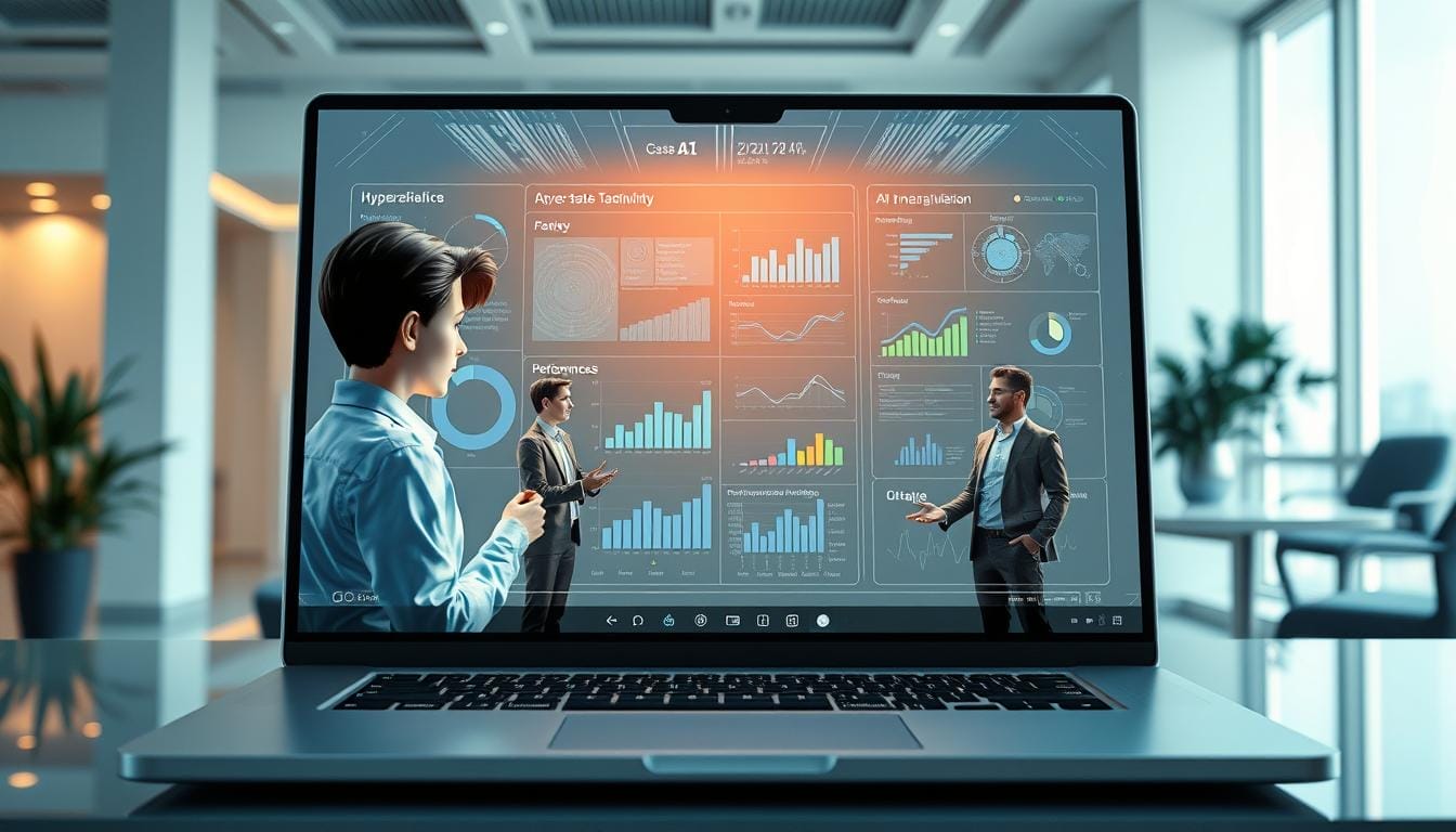 A sleek, modern desktop or laptop computer screen displays an immersive Hyperspace AI training simulation. The foreground features hyper-realistic 3D models of sales agents, each engaged in lifelike sales interactions. The middle ground showcases sophisticated data visualizations, charts, and performance metrics, conveying the power of AI-driven sales training. The background subtly hints at a futuristic, high-tech office environment, with clean lines, subtle lighting, and a sense of technological sophistication. The overall mood is one of cutting-edge innovation, seamlessly blending human expertise with AI-powered capabilities to elevate the sales training experience.