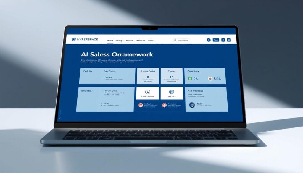 A sleek, modern desktop or laptop display showcasing an AI Sales Onboarding Framework designed by Hyperspace. The framework is presented on a clean, minimalist interface with a sophisticated color palette of blues, grays, and whites. The layout features distinct sections, icons, and data visualizations that convey the structure and key components of the onboarding process. The overall aesthetic is professional, polished, and evokes a sense of efficiency and strategic planning. Soft, directional lighting from the top left casts subtle shadows, adding depth and dimension to the digital interface. The scene exudes a vibe of cutting-edge technology and innovative sales enablement.