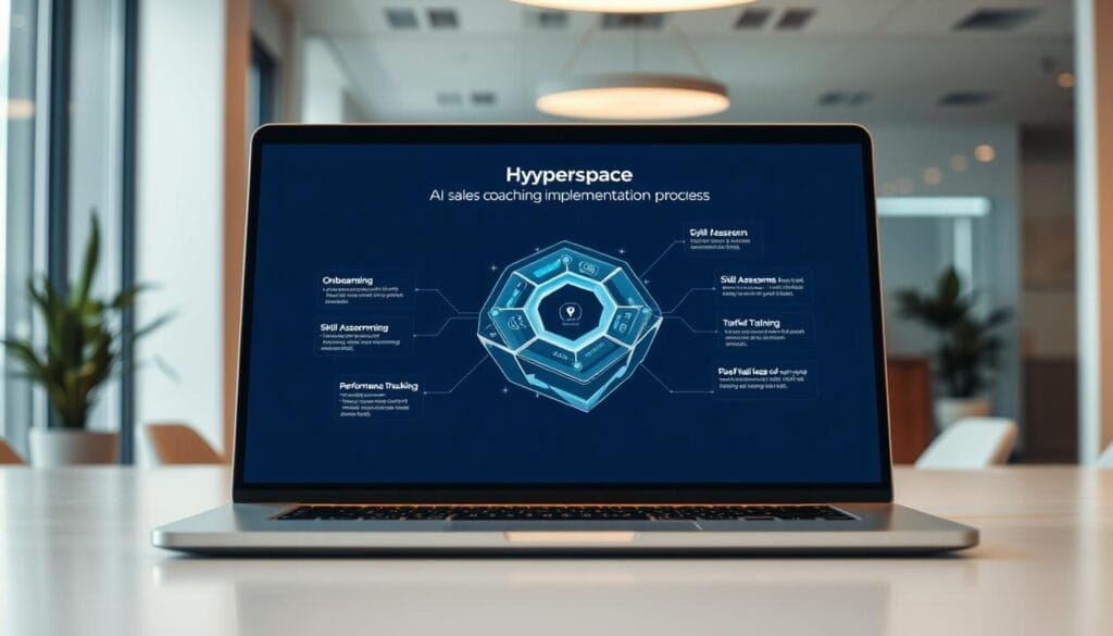 A sleek, modern desktop or laptop display showcasing the "Hyperspace" AI sales coaching implementation process. In the foreground, a stylized, three-dimensional workflow diagram with interconnected steps like "Onboarding", "Skill Assessments", "Personalized Training", and "Performance Tracking". The middle ground features a dynamic, holographic-like user interface with intuitive controls and visualizations. The background subtly blends a minimalist office setting with a soft, warm lighting that creates a professional, yet approachable atmosphere. The overall composition conveys a seamless, technology-driven sales coaching experience tailored for new sales representatives.