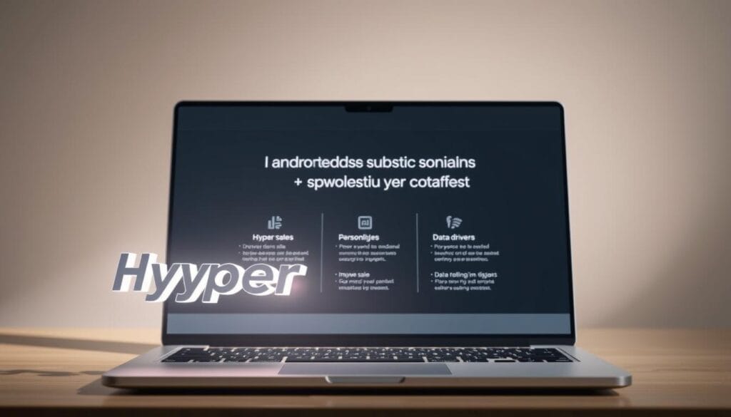 A sleek, modern desktop or laptop display showcasing the benefits of AI-powered sales coaching. In the foreground, a stylized 3D rendering of the "Hyperspace" brand logo hovers, casting a soft glow. The middle ground features a clean, minimalist interface with bullet points highlighting key advantages like improved sales performance, personalized feedback, and data-driven insights. The background is a subtle gradient, lending an air of professionalism and innovation. Lighting is soft and directional, creating depth and emphasizing the digital, technology-driven nature of the scene. The overall mood is one of efficiency, clarity, and the transformative power of AI in the sales domain.