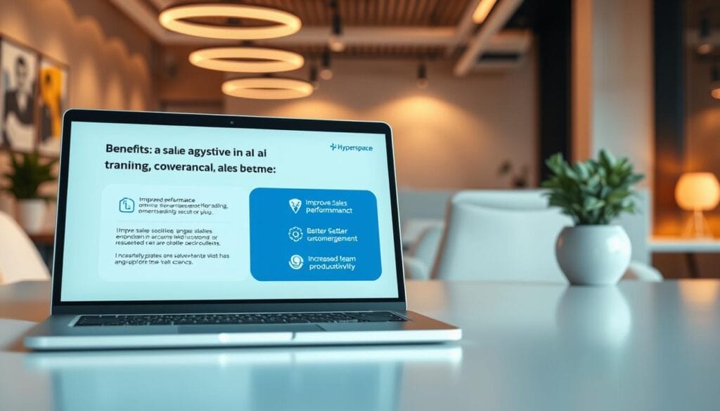 A sleek, modern desktop or laptop display showcasing the benefits of Hyperspace's conversational AI sales training. In the foreground, a laptop or mobile device screen displays crisp, visually-appealing infographics highlighting key advantages like improved sales performance, better customer engagement, and increased team productivity. The middle ground features a professional-looking office setting with tasteful branding and clean, minimalist design. The background subtly suggests a dynamic, tech-savvy work environment. Warm lighting, soft shadows, and a polished, high-quality rendering create an aspirational, yet realistic atmosphere.