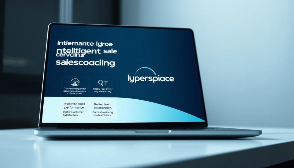 A sleek, modern desktop or laptop display showcasing the benefits of intelligent sales coaching. In the foreground, a stylized graphic depicting key advantages like improved sales performance, higher customer satisfaction, and better team collaboration. The mid-ground features a minimalist Hyperspace brand logo, hinting at the technological prowess behind the coaching solution. The background has a sophisticated, gradient-based color scheme, conveying a sense of professionalism and innovation. Lighting is crisp and clean, with a slight depth of field blur to draw the viewer's attention. The overall mood is one of efficiency, clarity, and the transformative power of data-driven coaching.