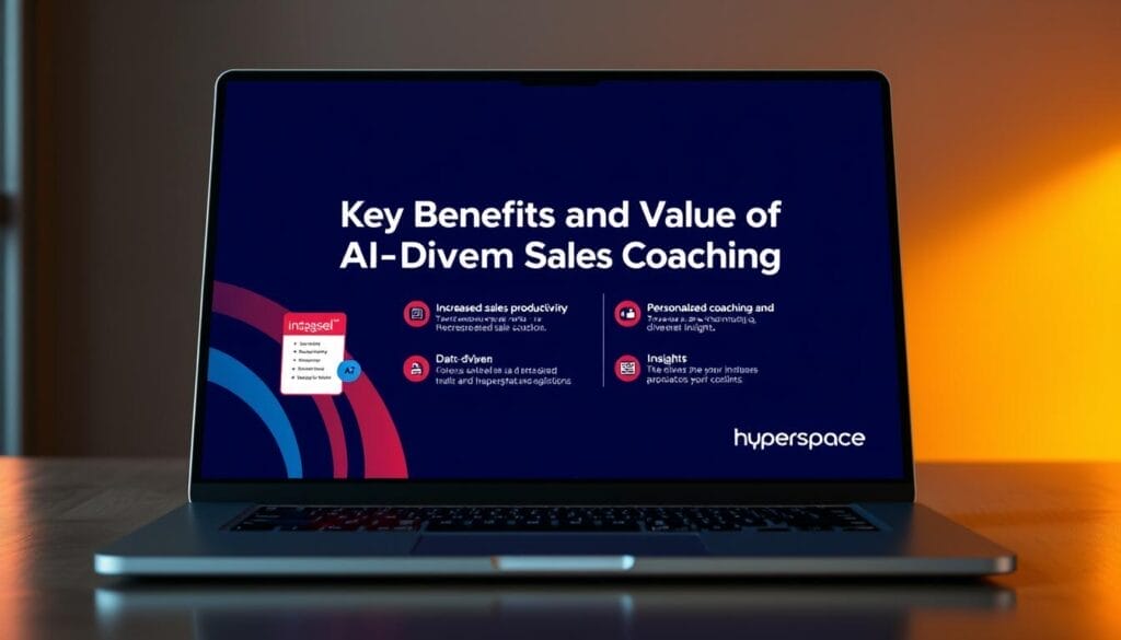 A sleek, modern desktop or laptop display showcasing the key benefits of AI-driven sales coaching. In the foreground, a presentation slide titled "Key Benefits and Value of AI-Driven Sales Coaching" hovers against a stylish, minimalist background. The slide features bold, infographic-style visuals and concise text highlighting increased sales productivity, personalized coaching, and data-driven insights. The Hyperspace brand logo is prominently displayed in the bottom right corner. Warm, directional lighting creates depth and draws the viewer's attention to the central elements. The overall mood is professional, elegant, and technology-forward.