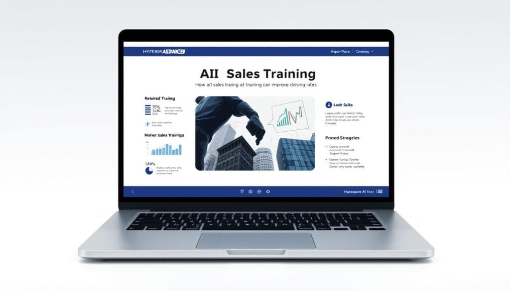 A sleek, modern desktop or laptop screen displaying a presentation on "AI Sales Training" by the Hyperspace AI company. The interface features a clean, minimalist design with a large central image, surrounded by informative charts, graphs, and bullet points. The screen is well-lit, with a soft, diffused lighting that creates a professional and polished atmosphere. The presentation's content focuses on how AI-powered sales training can improve closing rates, with visuals that effectively communicate key insights and data-driven strategies. The Hyperspace branding is prominently displayed, lending an air of authority and expertise to the image.