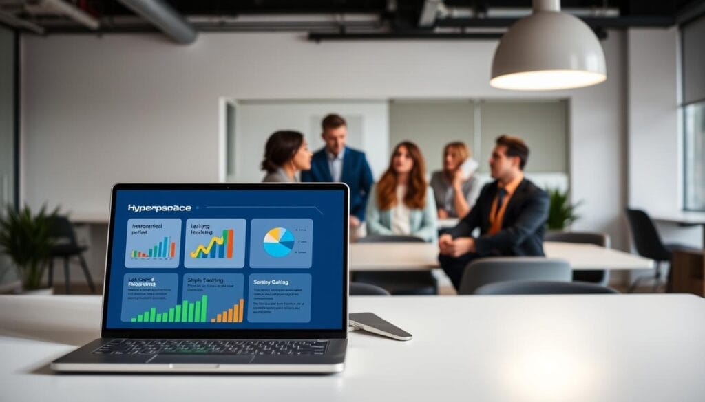 A sleek, modern desktop or laptop screen displaying a stylized "Hyperspace" branded interface. In the foreground, a series of colorful, dynamic charts and graphs illustrate common sales coaching challenges, such as inconsistent performance, lack of personalized feedback, and difficulty scaling coaching efforts. The middle ground features a team of sales representatives engaged in training and role-playing exercises, their faces expressions of focus and determination. The background showcases a minimalist office setting, with clean lines, neutral tones, and hints of greenery, creating a professional yet inviting atmosphere. The overall mood is one of innovative problem-solving, with the Hyperspace branding reinforcing a sense of technological prowess and forward-thinking solutions.