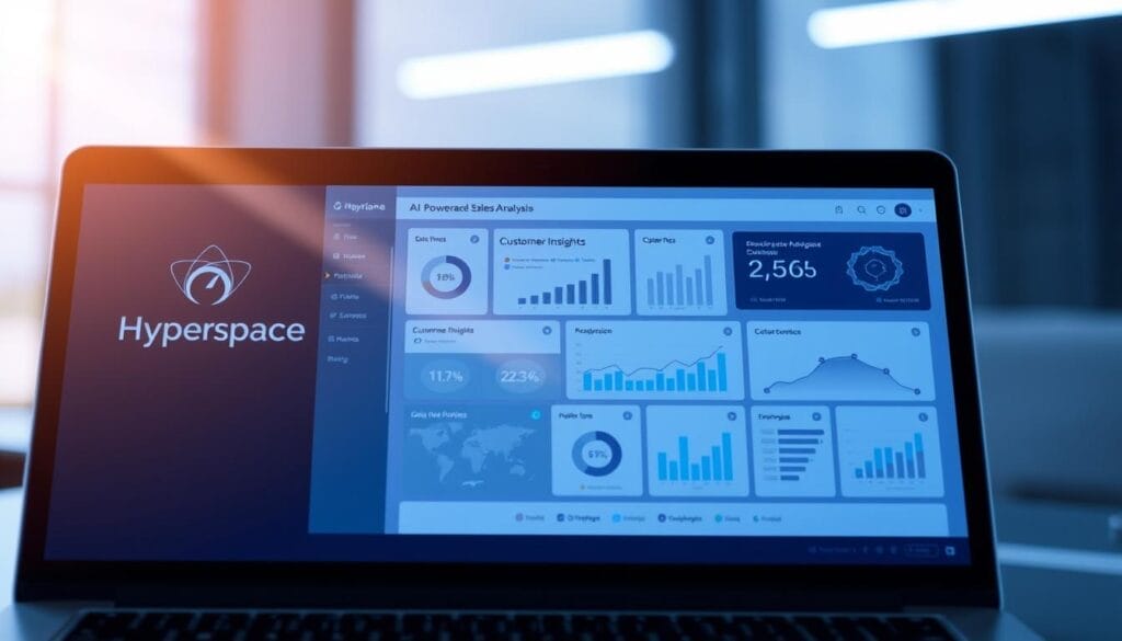 A sleek, modern desktop or laptop screen displaying an AI-powered sales analysis dashboard. The Hyperspace brand logo is prominently featured in the top left corner. The dashboard features various data visualizations, charts, and metrics related to sales performance, customer insights, and AI-driven recommendations. The interface has a clean, minimalist design with a cool, futuristic color palette of blues, grays, and whites. Soft, directional lighting illuminates the screen, creating depth and dimension. The scene conveys a sense of advanced, AI-augmented sales intelligence and data-driven decision making.