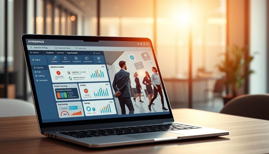 A sleek, modern desktop or laptop screen displays a Hyperspace-branded AI sales training interface. In the foreground, an intuitive dashboard showcases interactive modules, data visualizations, and personalized training recommendations. The middle ground features a team of stylized sales representatives engaged in role-playing exercises, their movements captured in a dynamic, cinematic composition. The background subtly blends a sophisticated office environment with subtle technological motifs, conveying a sense of innovation and professionalism. Warm, balanced lighting creates a polished, inviting atmosphere, drawing the viewer's attention to the valuable AI-powered insights and tools at the heart of this immersive sales training experience.