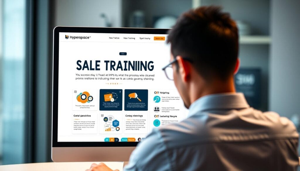 A sleek, modern desktop or laptop screen displays a digital sales training module by Hyperspace. The interface features a clean, minimalist design with bold typography, vibrant infographics, and interactive elements. In the foreground, a salesperson engages with the training content, their face illuminated by the screen's soft, neutral lighting. The background blurs slightly, drawing focus to the centralized training material. The overall atmosphere conveys a sense of professionalism, efficiency, and a commitment to virtual sales coaching.