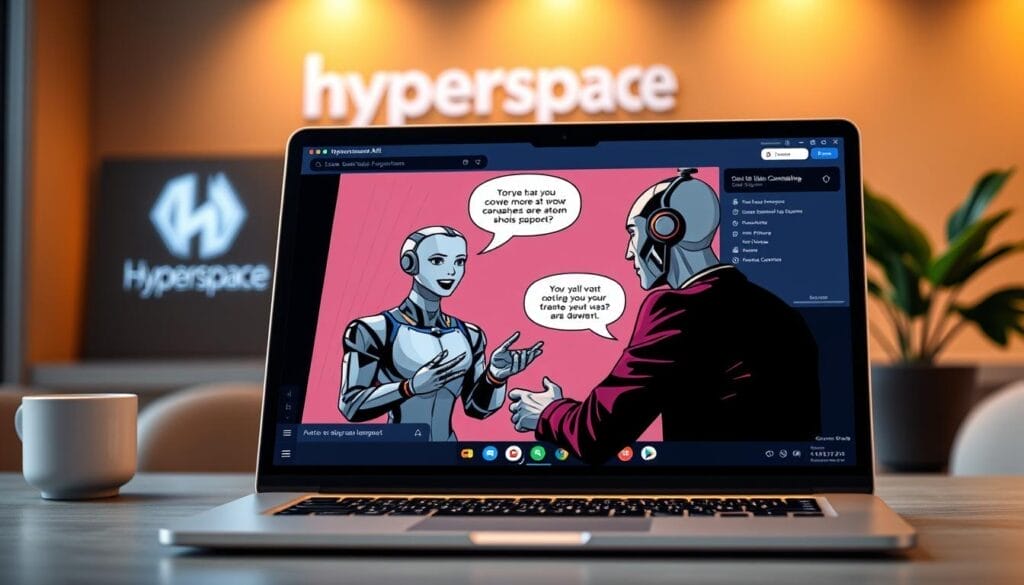 A sleek, modern desktop or laptop screen displays a dynamic sales conversation between an AI assistant and a customer. The AI's avatar, a friendly and approachable digital figure, engages the customer with natural, empathetic language. In the background, a Hyperspace logo and subtle UI elements suggest a sophisticated, enterprise-grade sales enablement platform. Warm, diffused lighting creates a professional, yet inviting atmosphere, while a shallow depth of field keeps the focus on the AI-powered interaction. The scene conveys the transformative power of sales conversation AI, elevating training and coaching to new levels of effectiveness and personalization.