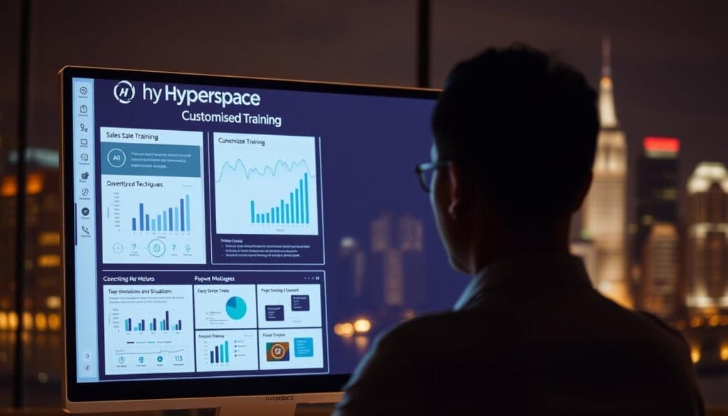 A sleek, modern desktop or laptop screen displays a personalized sales training interface. The Hyperspace logo stands prominently at the top, signaling a cutting-edge, AI-driven solution. In the foreground, a salesperson reviews customized training modules, their face illuminated by the soft glow of the screen. The middle ground features interactive graphs, charts, and simulations, demonstrating key sales techniques. In the background, a blurred city skyline suggests a sophisticated, urban setting conducive to sales success. The overall mood is one of focused, data-driven empowerment, where generative AI elevates the salesperson's skills and confidence.