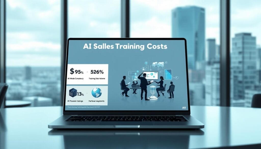 A sleek, modern desktop or laptop screen displays a presentation titled "AI Sales Training Costs" featuring the Hyperspace brand logo. In the foreground, elegant 3D data visualizations illustrate key cost factors such as AI model complexity, training data volume, and hardware requirements. The middle ground showcases a realistic render of a sales team participating in an interactive AI-powered training session, while the background depicts a sophisticated office environment with large windows overlooking a dynamic city skyline. The overall mood is professional, informative, and visually captivating.