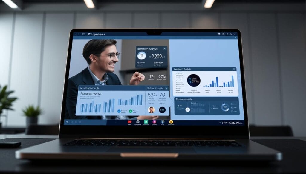 A sleek, modern desktop or laptop screen displays a sales conversation enhanced by AI technology. In the foreground, a professional sales representative engages with a client, their expressions and gestures conveying a productive, natural dialogue. The screen's interface features the Hyperspace brand logo, showcasing intuitive sales tools and analytics. The middle ground depicts data visualizations, sentiment analysis, and real-time recommendations to guide the sales rep. The background suggests a minimalist, high-tech office setting, with subtle lighting and clean lines creating a sophisticated, efficient atmosphere. The overall scene conveys the power of AI-driven sales conversations to drive revenue growth.