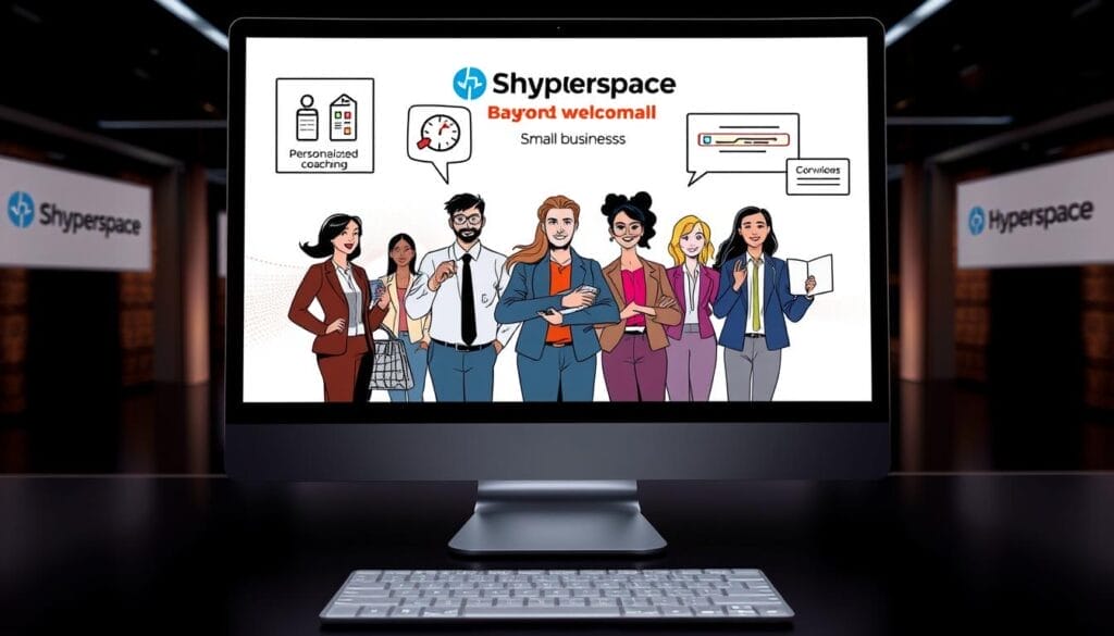 A sleek, modern desktop or laptop screen displays a vibrant, visually engaging illustration of the key benefits of AI sales training for small businesses. In the foreground, a sophisticated, minimalist interface showcases stylized icons and infographic elements, conveying concepts like increased efficiency, personalized coaching, and data-driven insights. The middle ground features a group of friendly, diverse business people engaged in dynamic sales activities, their expressions reflecting positivity and enthusiasm. The background is a clean, sophisticated environment with the Hyperspace brand prominently featured, creating a professional, high-tech atmosphere. The overall tone is one of productivity, empowerment, and the transformative power of AI-driven sales training for small enterprises.