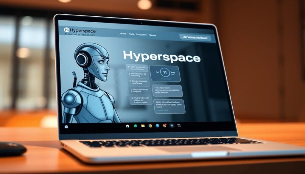 A sleek, modern desktop or laptop screen displays an AI sales assistant interface. The interface features the Hyperspace brand name prominently, with a clean, minimalist design. In the foreground, an AI avatar engages with a human sales representative, guiding them through sales processes and customer interactions. The avatar appears lifelike, with expressive features and natural movements. The background blurs softly, creating a sense of focus on the AI-human collaboration. Warm, indirect lighting creates a professional, productive atmosphere. The overall scene conveys the seamless integration of AI-powered sales assistance, boosting productivity and performance.