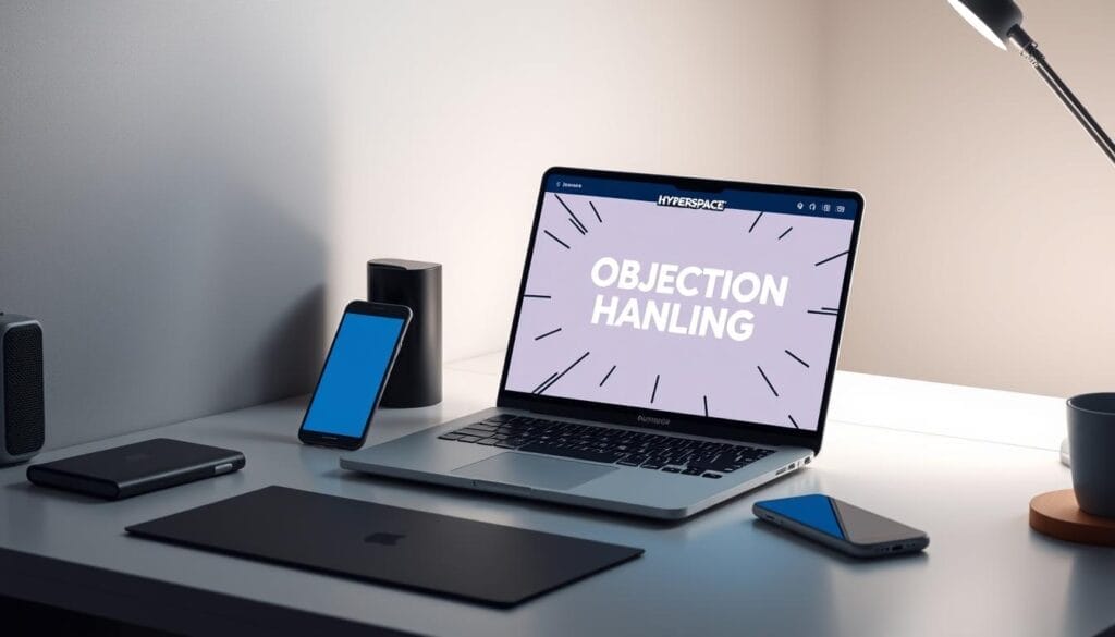 A sleek, modern desktop setup with a laptop and mobile device prominently displayed. The laptop screen showcases a sales training program from the "Hyperspace" brand, focusing on "Sales Objection Handling" as the central topic. The desktop features a minimalist, professional design with muted tones and clean lines, creating a sophisticated and productive atmosphere. Soft, directional lighting illuminates the scene, casting subtle shadows and highlights to accentuate the technology and materials. The overall impression conveys the key benefits of the "AI Objection Handling Training Course" for sales professionals, highlighting the digital tools and resources available to enhance their skills.