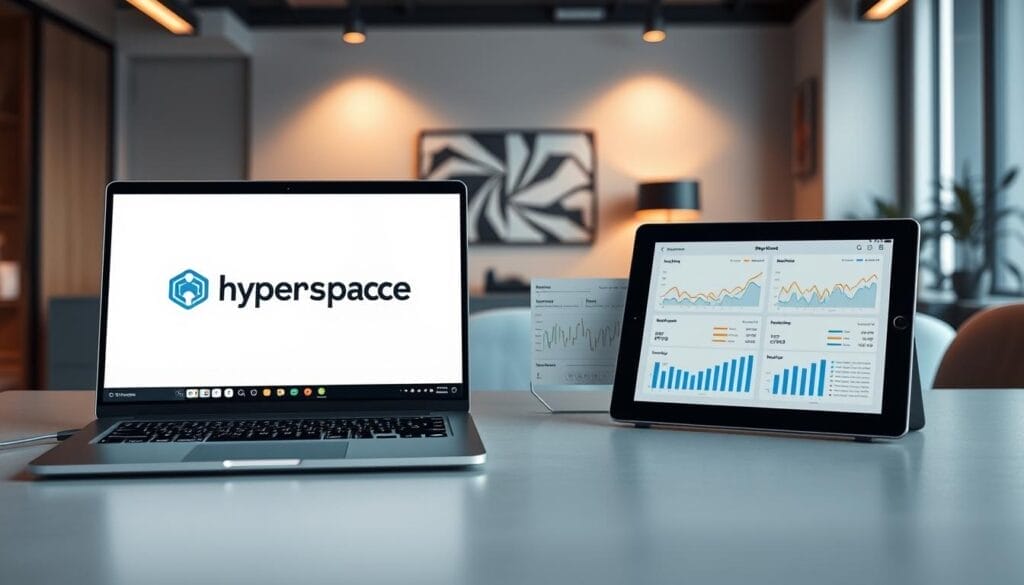 A sleek, modern desktop workspace showcasing Hyperspace, a state-of-the-art AI sales training software. The foreground displays a laptop screen with the Hyperspace logo and an intuitive user interface, conveying its advanced features. In the middle ground, a tablet device showcases detailed sales performance analytics, while the background reveals a sophisticated office setting with minimalist decor and warm lighting, creating a professional and productive atmosphere.