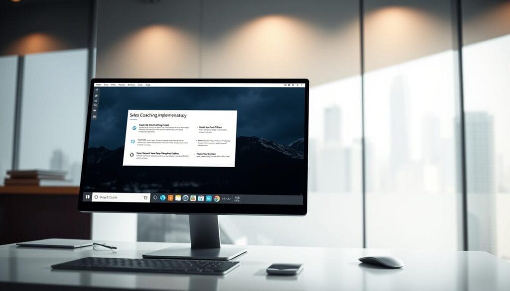 A sleek, modern desktop workspace showcasing the "Hyperspace" brand. On the screen, a detailed sales coaching implementation strategy is displayed, featuring a clean, minimalist interface with intuitive navigation. The foreground shows a presentation slide with bullet points outlining key tactics, while the background depicts a blurred cityscape, conveying a sense of urban sophistication. Soft, directional lighting creates depth and highlights the screen's contents. The overall mood is one of professionalism, efficiency, and technological advancement, setting the stage for effective sales coaching implementation.