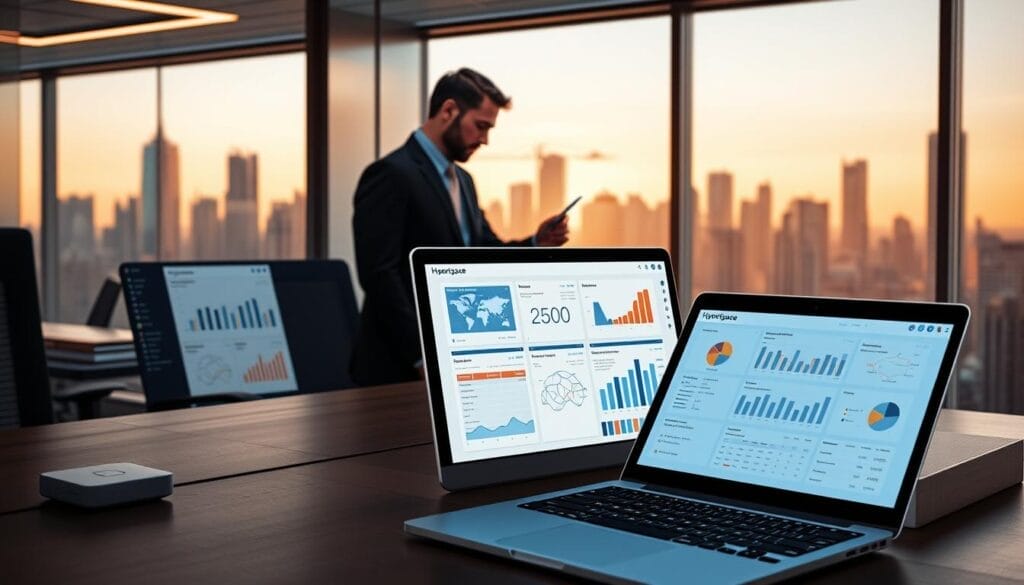 A sleek, modern desktop workspace with a Hyperspace-branded laptop prominently displayed, showcasing intuitive sales analytics dashboards and insights. The foreground features data visualizations, charts, and graphs highlighting key sales metrics and performance trends. The middle ground includes a professional sales representative reviewing the insights on the laptop screen, conveying a sense of analytical focus and decision-making. The background depicts a stylized city skyline, creating a sophisticated, corporate atmosphere. Lighting is balanced, with a warm, productive tone, and the camera angle suggests an elevated, bird's-eye view for a comprehensive perspective on sales success.