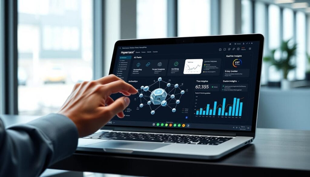 A sleek, modern desktop workspace with a laptop display showcasing an AI-powered sales conversation analysis dashboard. The dashboard features intuitive visualizations, real-time insights, and action-driven recommendations. In the foreground, a user's hand interacts with the touchscreen, navigating through the Hyperspace software interface. The middle ground depicts a stylized 3D model of a data analysis process, with nodes and connections representing the AI's decision-making. The background scene is a minimalist, well-lit office environment, creating a professional and productive atmosphere.