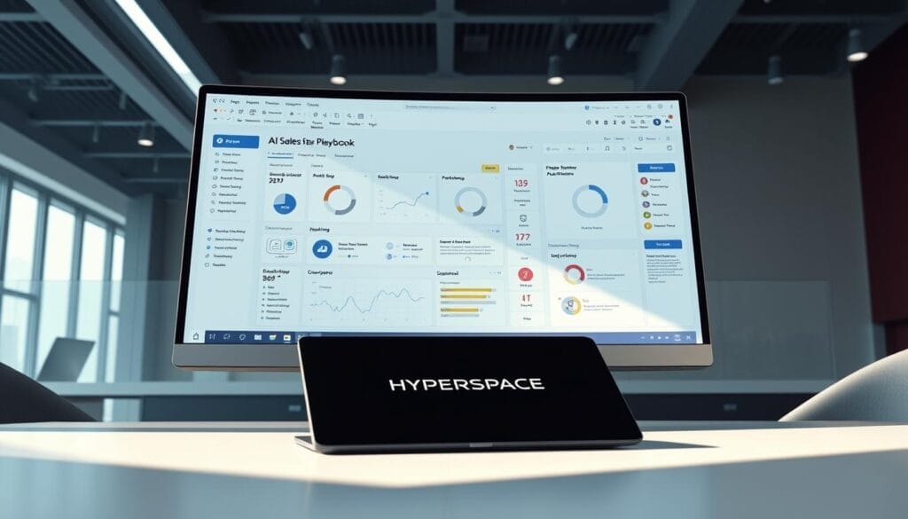 A sleek, modern desktop workspace with a large, high-resolution display showcasing a detailed "AI Sales Playbook" interface. The screen features a clean, intuitive layout with data visualizations, workflow diagrams, and strategic insights. In the foreground, a Hyperspace-branded laptop or tablet device rests on a minimalist desk, casting soft, directional lighting across the scene. The background is a stylish, contemporary office environment with subtle texture and depth, creating a professional, yet innovative atmosphere.