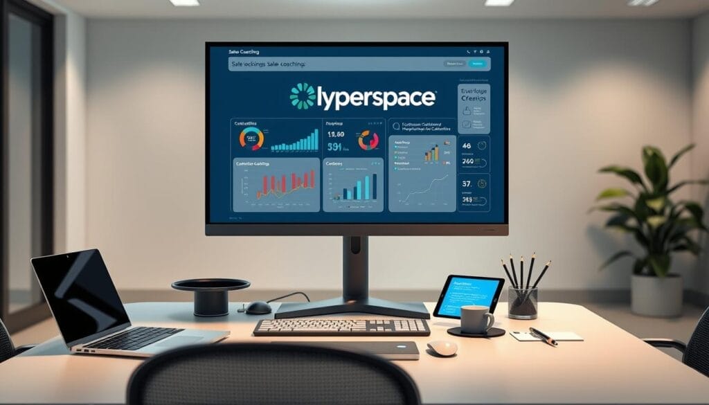 A sleek, modern desktop workspace with a large, high-resolution display showcasing a sales coaching presentation. The screen features the Hyperspace brand logo prominently, with detailed charts, graphs, and infographics illustrating key sales metrics and customer interaction data. In the foreground, a stylish, ergonomic desk setup with a laptop, tablet, and various office supplies. Soft, directional lighting illuminates the scene, creating a professional, productive atmosphere. The background features a blurred, minimalist office environment, emphasizing the focus on the digital sales coaching tools and analytics.