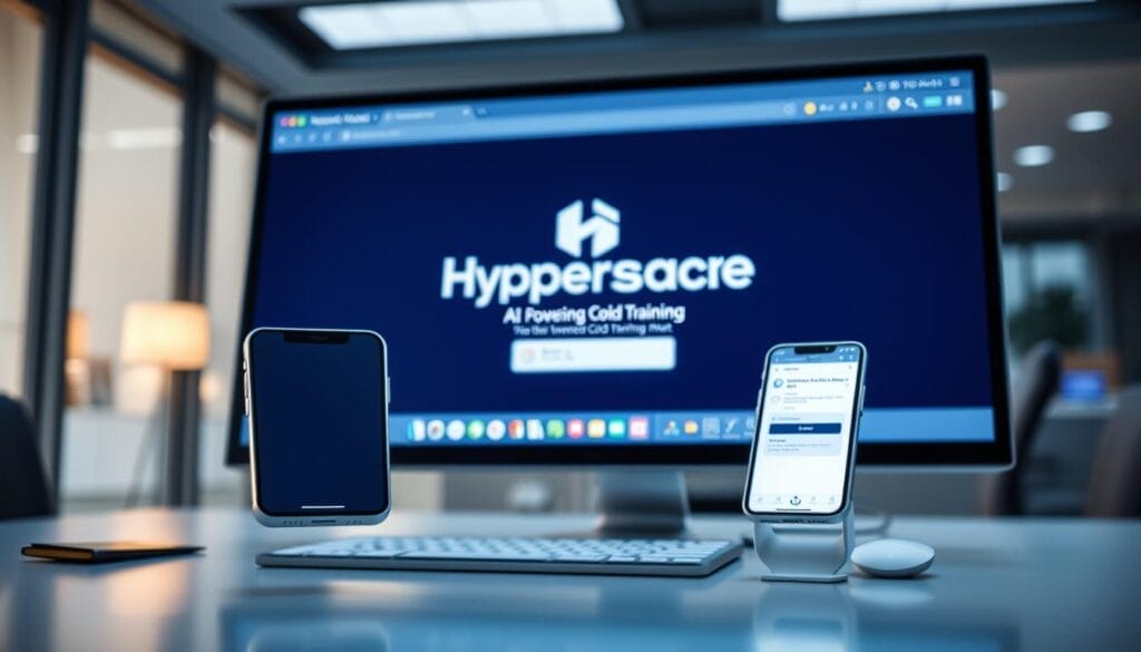 A sleek, modern desktop workspace with a large, high-resolution display showcasing an AI-powered cold email training interface. The display features the Hyperspace brand logo prominently, with a clean, minimalist user interface design. In the foreground, a stylized 3D model of a mobile phone or tablet hovers, mirroring the content on the desktop screen. Soft, directional lighting creates depth and highlights the sophisticated, tech-forward aesthetic. The background is a blurred, out-of-focus office environment, conveying a professional, corporate setting. The overall mood is one of efficiency, innovation, and the seamless integration of AI technology into the sales workflow.