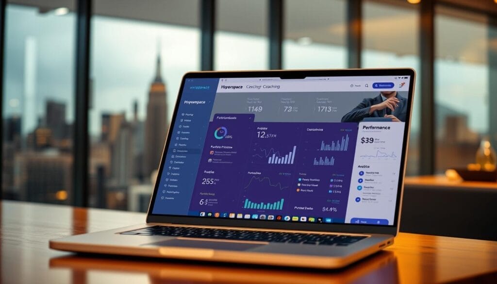 A sleek, modern laptop display showcases the Hyperspace personalized coaching platform. The interface features a clean, minimalist design with intuitive menus and analytics dashboards. In the foreground, a sales representative reviews personalized coaching recommendations and performance metrics, while the background depicts a dynamic city skyline, symbolizing the platform's ability to elevate sales teams. Warm lighting and a subtle depth of field create a professional, yet approachable atmosphere. The overall scene conveys the power of AI-driven sales coaching to optimize performance and drive business growth.