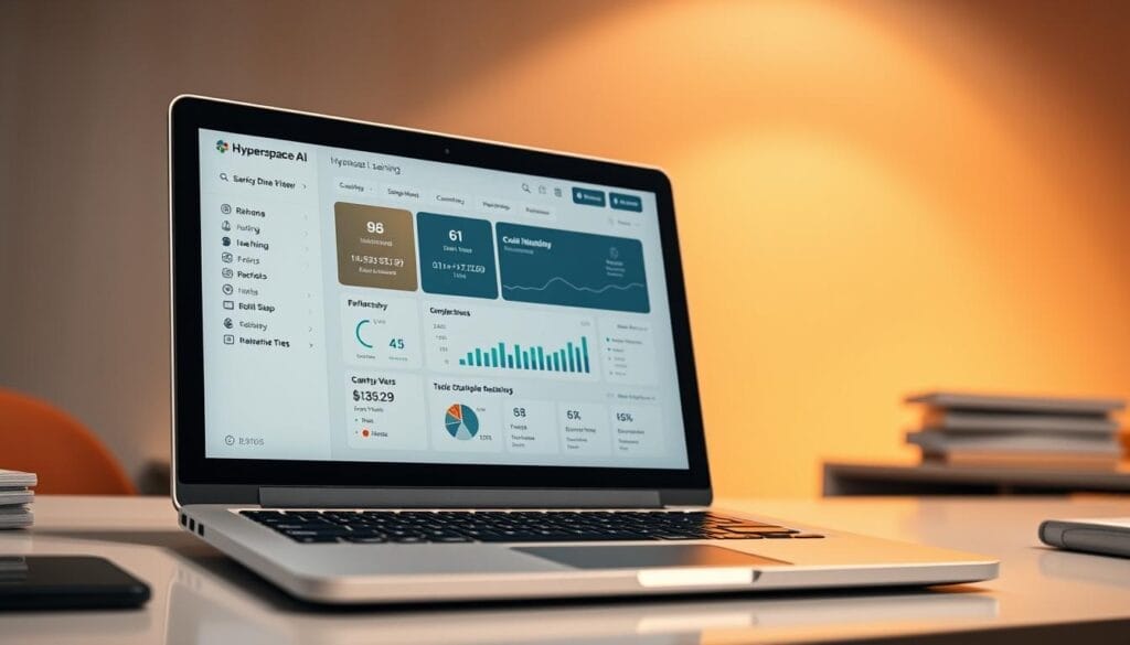 A sleek, modern laptop display showcasing the Hyperspace AI sales training software interface. The screen features a clean, minimalist design with intuitive menus, animated data visualizations, and a central dashboard displaying key performance metrics. The laptop is placed on a neatly organized desk, with a neutral-toned background that conveys a professional, technology-focused environment. Warm, indirect lighting casts a subtle glow, creating a sense of productivity and focus. The overall impression is one of a sophisticated, state-of-the-art AI-powered sales training solution that seamlessly integrates into a modern workplace.