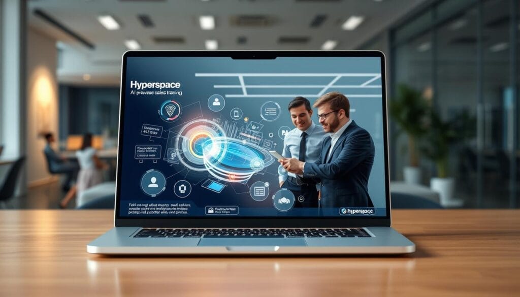 A sleek, modern laptop display showcasing the "Hyperspace" brand's AI-powered sales training benefits. The foreground features a dynamic 3D visualization of sales data and customer insights, surrounded by glowing interface elements. The middle ground depicts a team of sales professionals collaborating, their expressions engaged and enthused. The background subtly blends stylized office spaces and technology motifs, creating a professional, future-forward atmosphere. Crisp lighting, depth of field, and a polished, minimalist aesthetic convey the power and efficiency of AI-driven sales training.