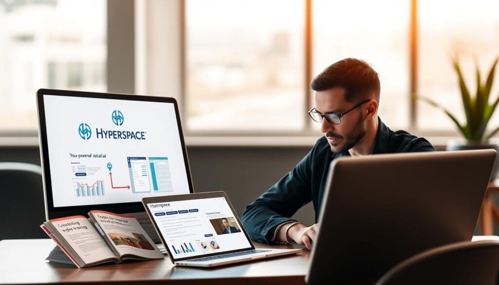 A sleek, modern laptop or mobile device displays a stylized "Hyperspace" logo, serving as the backdrop for a visually engaging scene. In the foreground, a sales representative engages in an AI-powered coaching session, their expression focused and determined as they review performance metrics and sales strategies on the screen. The middle ground features a collection of training resources, including digital worksheets, interactive tutorials, and video lessons, all designed to enhance the sales rep's skill development. The overall atmosphere conveys a sense of technological innovation, professional growth, and the power of AI-driven coaching to boost sales performance.