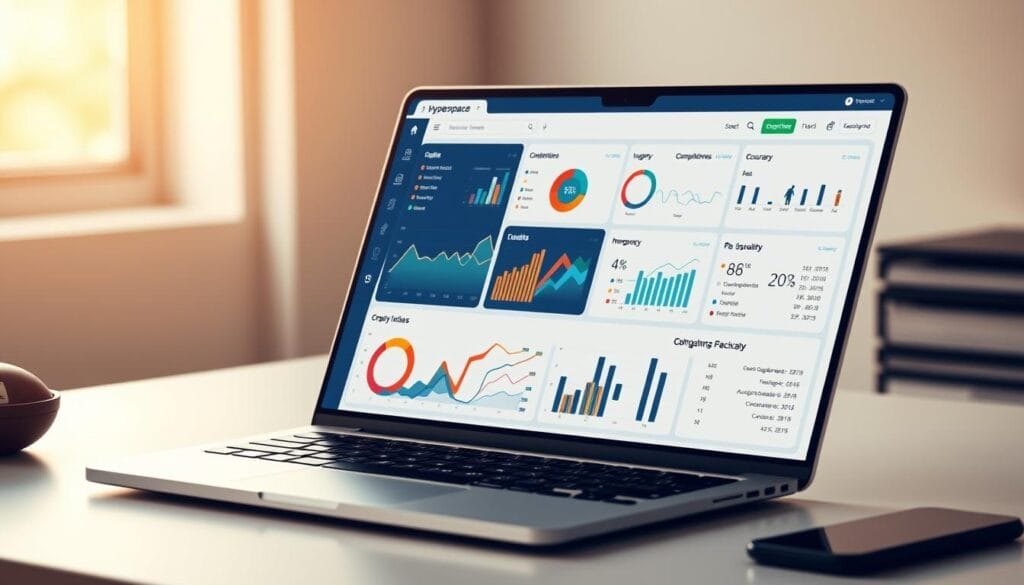 A sleek, modern laptop screen displaying a comprehensive data quality management dashboard. The display features detailed visualizations, including line graphs, pie charts, and scatter plots, showcasing key performance indicators for data integrity, completeness, and accuracy. The Hyperspace logo is prominently displayed in the top-left corner, reflecting the cutting-edge technology powering this intuitive interface. The scene is bathed in a warm, subtle lighting, creating a professional and polished atmosphere. The laptop is positioned on a minimalist, uncluttered desk, hinting at a workspace focused on data-driven decision making.