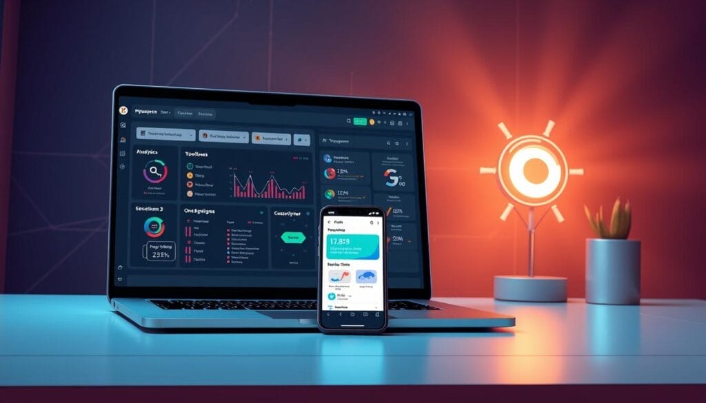 A sleek, modern-looking desktop interface showcasing the "Hyperspace" AI-powered onboarding framework. In the foreground, a laptop screen displays a visually engaging dashboard with intuitive controls, analytics, and personalized onboarding workflows. The middle ground features a mobile device with a responsive, mobile-friendly version of the framework. In the background, subtle grid lines and geometric shapes suggest the underlying AI-driven technology powering the system. The scene is illuminated by warm, directional lighting, creating a sense of sophistication and efficiency. The overall mood is one of productivity, seamless integration, and the power of AI-assisted onboarding.