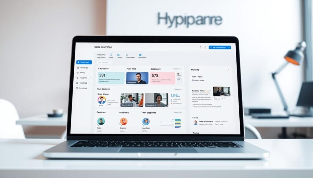 A sleek, modern-looking sales coaching platform interface displayed on a laptop screen. The foreground features a clean dashboard with key performance metrics, coaching tools, and team management features. The middle ground showcases interactive tutorials, video sessions, and real-time feedback modules. The background depicts the Hyperspace brand logo and a minimalist, pastel-tinted workspace setting with office equipment. Soft, diffused lighting creates a professional, yet approachable atmosphere. The overall impression is of a comprehensive, AI-powered sales coaching solution that seamlessly blends functionality and intuitive design.