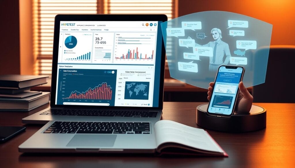 A sleek, modern office desk setup with a laptop, smartphone, and holographic display showcasing real-time sales conversation analytics powered by the Hyperspace AI Sales Coach. The laptop screen displays a detailed visualization of sales interaction data, highlighting key metrics and insights. The smartphone screen shows a mobile app interface for the Hyperspace platform, providing sales representatives with contextual guidance and recommendations. The holographic display projects a 3D representation of the sales conversation, with annotated insights and suggested responses in midair. The scene is bathed in a warm, professional lighting, creating a focused and productive atmosphere.