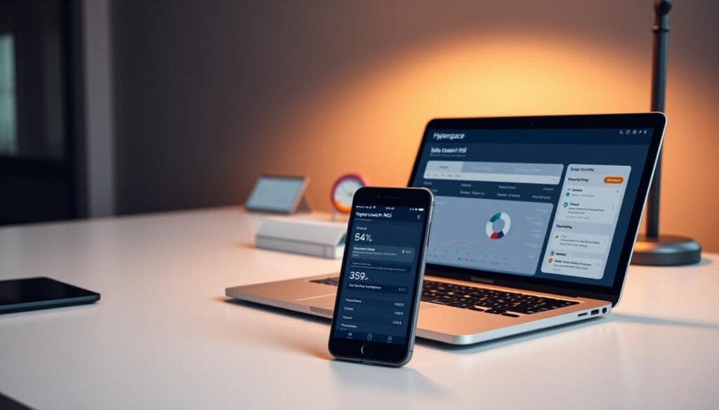 A sleek, modern office desk with a laptop and smartphone displaying a detailed sales coaching ROI analysis in a Hyperspace-branded interface. The laptop screen shows a line graph, pie chart, and key performance metrics, while the smartphone screen showcases a summary report. Subtle lighting casts a warm, professional glow, and the desktop is minimalist and clutter-free, creating a focused, analytical atmosphere. The image should convey the sense of a thoughtful, data-driven evaluation of the value of AI-powered sales coaching.